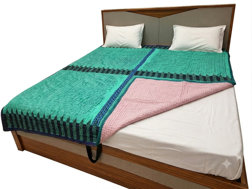 Turquoise & Blush Handmade Koudi Quilt - 90 x 108 in