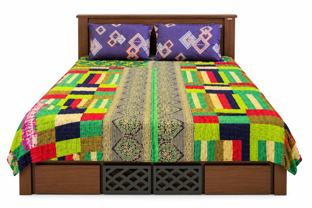 Koudi Mane Handmade Reversible Koudi Quilt  - Blue Floral & Multicolour Patchwork l 90 x 100 In