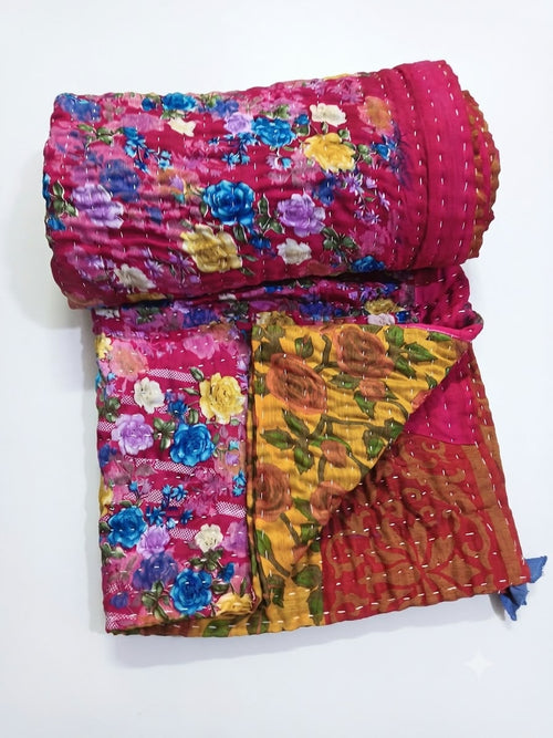 Floral Handmade Koudi Quilt - 90 x 108 in l Hand-Stitched Bedspread