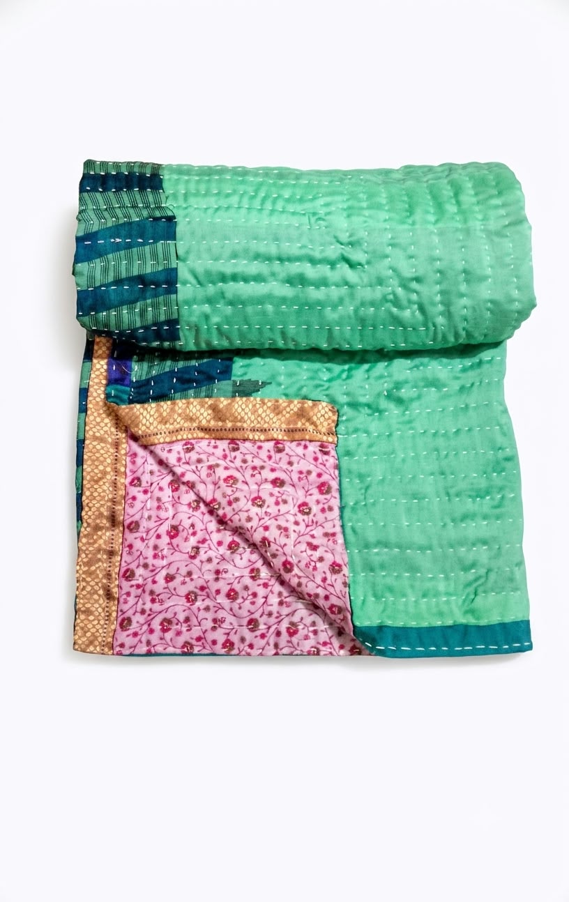 Turquoise & Blush Handmade Koudi Quilt - 90 x 108 in