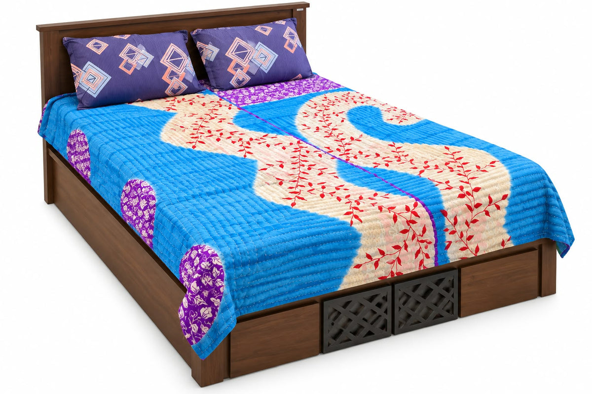 Koudi Mane Handmade Reversible Koudi Quilt  - Blue Floral & Multicolour Patchwork l 90 x 100 In