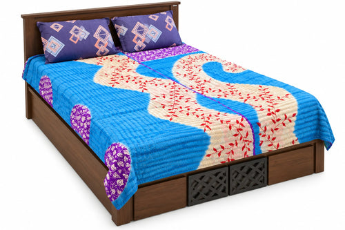 Koudi Mane Handmade Reversible Koudi Quilt  - Blue Floral & Multicolour Patchwork l 90 x 100 In